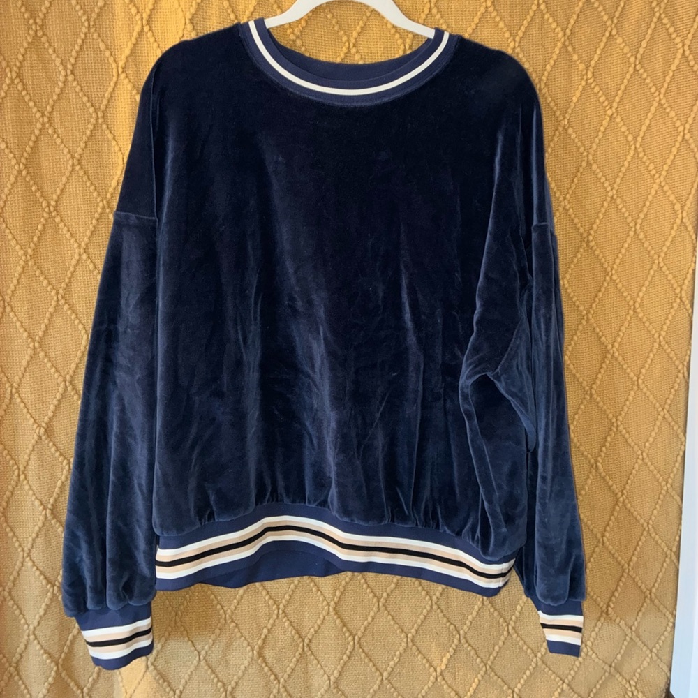Babaton Navy Velvet Sweatshirt with White and Cream Stripe Trim
